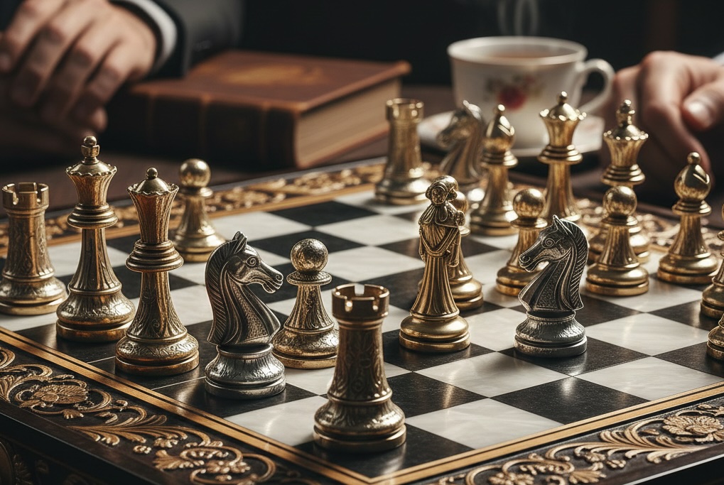 Chessboard set mid-game with ornate metallic pieces arranged strategically, symbolizing planning, foresight, and competitive positioning.